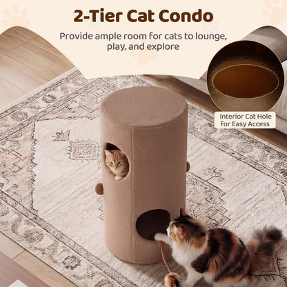 2-Tier Cat House for Indoor Cats with Sisal Scratching Mat Hideaway Cave and Bear Accents-Brown