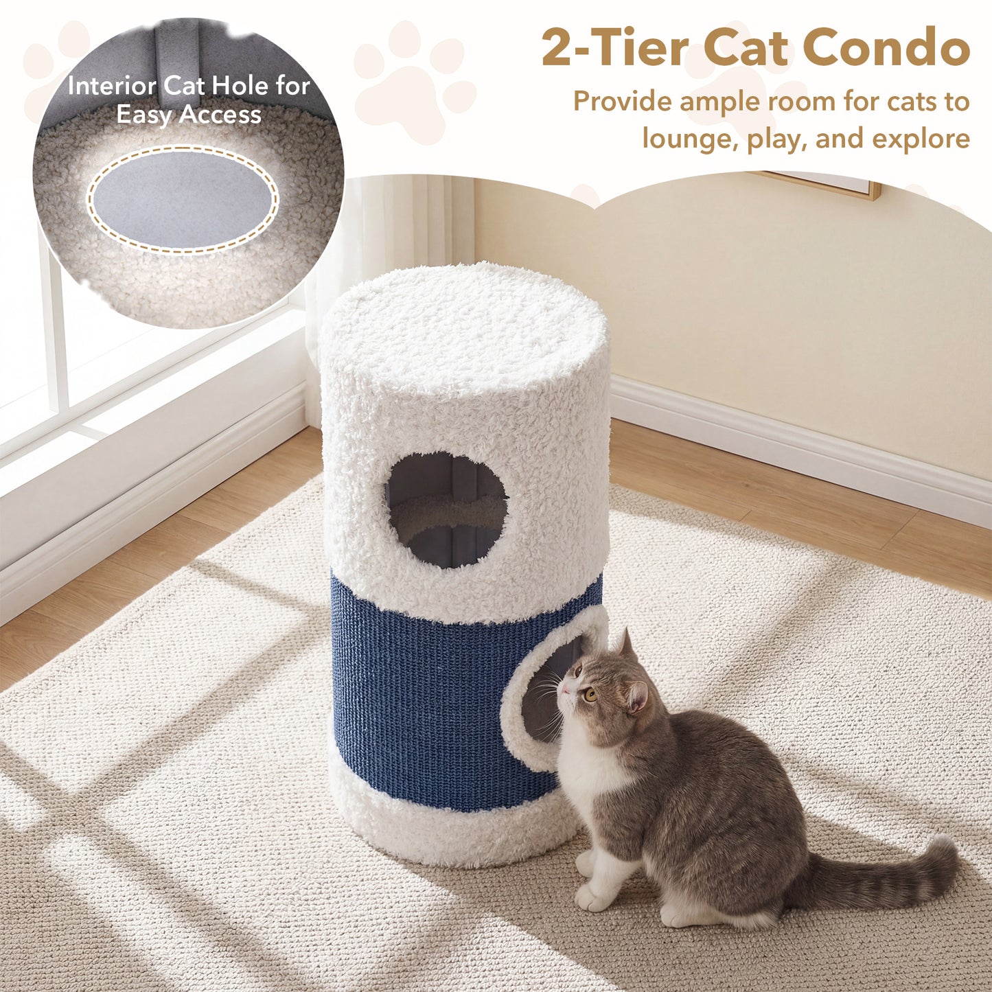2-Tier Cat House for Indoor Cats with Sisal Scratching Mat Hideaway Cave and Covered Bed-Blue