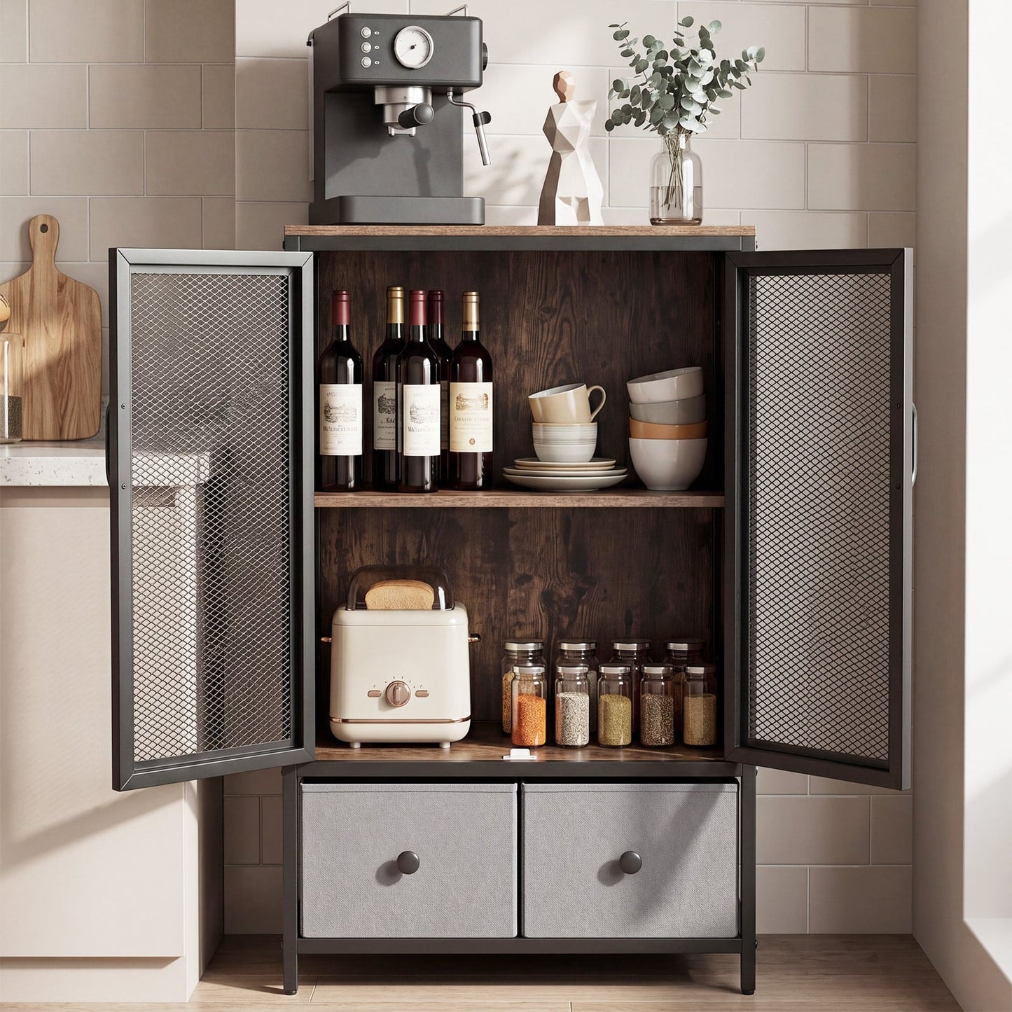2-Tier Coffee Bar Cabinet with Spacious Countertop and 2 Fabric Drawers-Rustic Brown