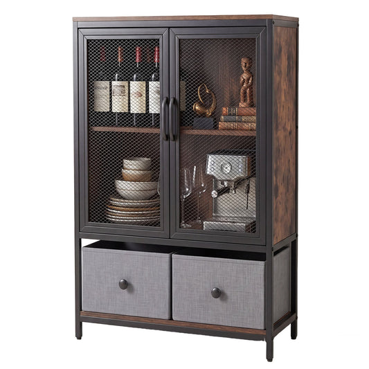 2-Tier Coffee Bar Cabinet with Spacious Countertop and 2 Fabric Drawers-Rustic Brown
