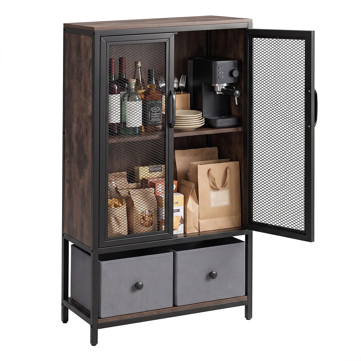 2-Tier Coffee Bar Cabinet with Spacious Countertop and 2 Fabric Drawers-Rustic Brown