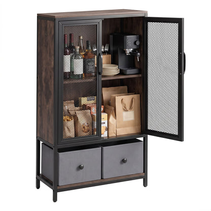 2-Tier Coffee Bar Cabinet with Spacious Countertop and 2 Fabric Drawers-Rustic Brown