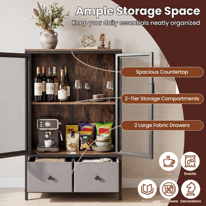 2-Tier Coffee Bar Cabinet with Spacious Countertop and 2 Fabric Drawers-Rustic Brown