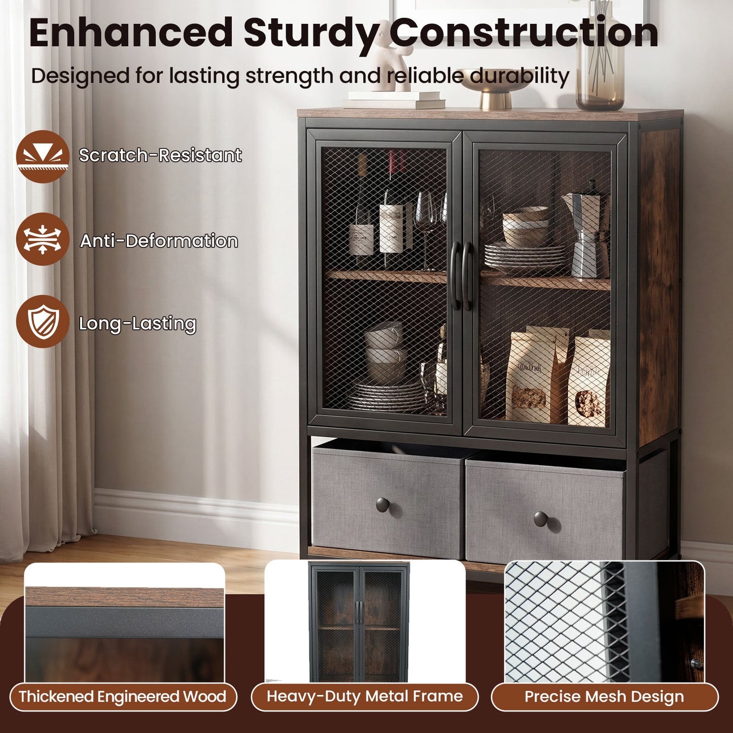 2-Tier Coffee Bar Cabinet with Spacious Countertop and 2 Fabric Drawers-Rustic Brown