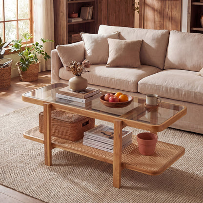 2-Tier Coffee Table with Storage Rectangular Center Table with Tempered Glass Top-Light Brown