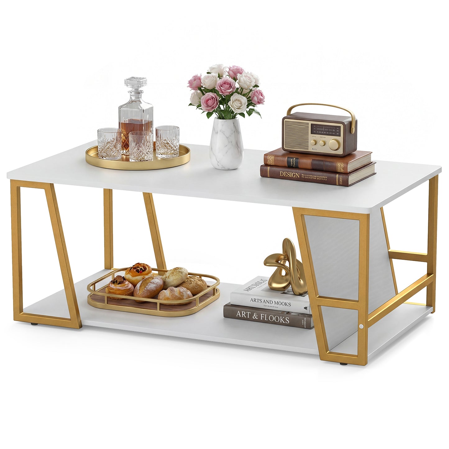 2-Tier Coffee Table with Storage Shelf and Open Compartment-White & Golden