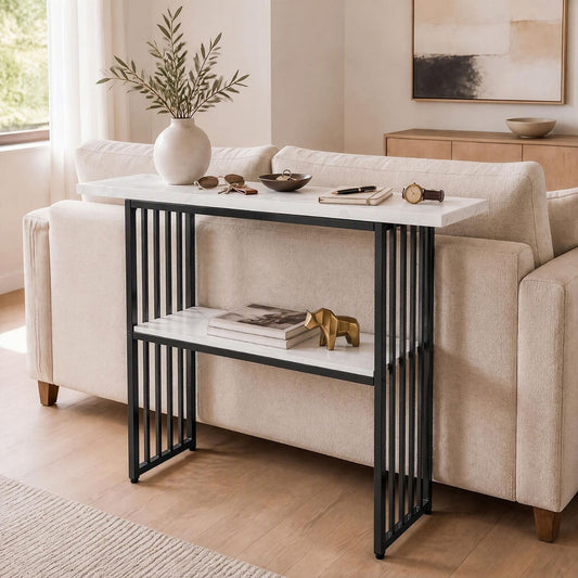 2-Tier Console Table with Faux Marble Shelves and Solid Metal Structure-White and Black