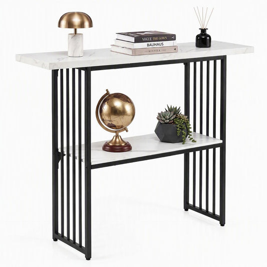 2-Tier Console Table with Faux Marble Shelves and Solid Metal Structure-White and Black