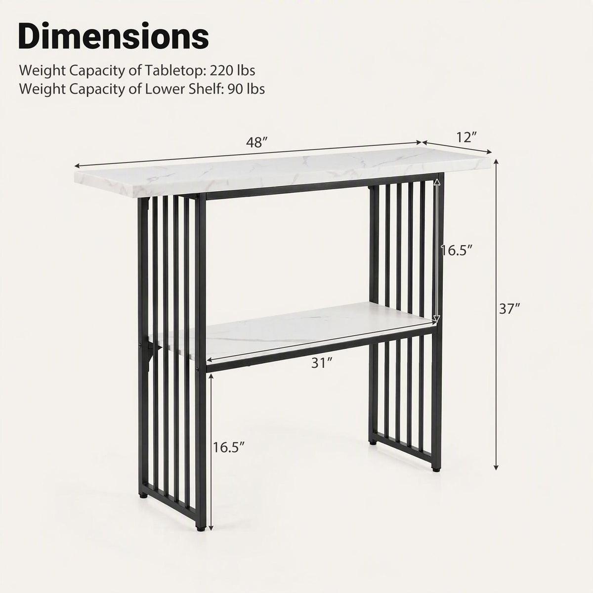 2-Tier Console Table with Faux Marble Shelves and Solid Metal Structure-White and Black