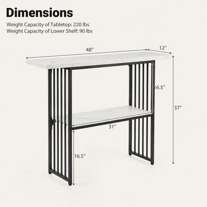 2-Tier Console Table with Faux Marble Shelves and Solid Metal Structure-White and Black