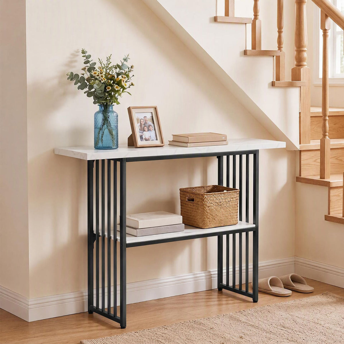 2-Tier Console Table with Faux Marble Shelves and Solid Metal Structure-White and Black