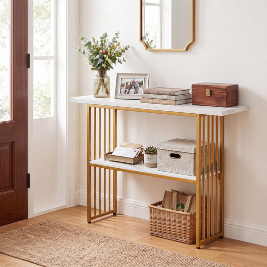2-Tier Console Table with Faux Marble Shelves and Solid Metal Structure-White and Golden