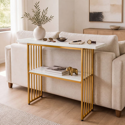 2-Tier Console Table with Faux Marble Shelves and Solid Metal Structure-White and Golden