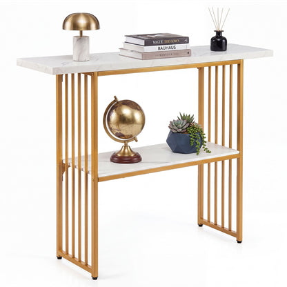 2-Tier Console Table with Faux Marble Shelves and Solid Metal Structure-White and Golden