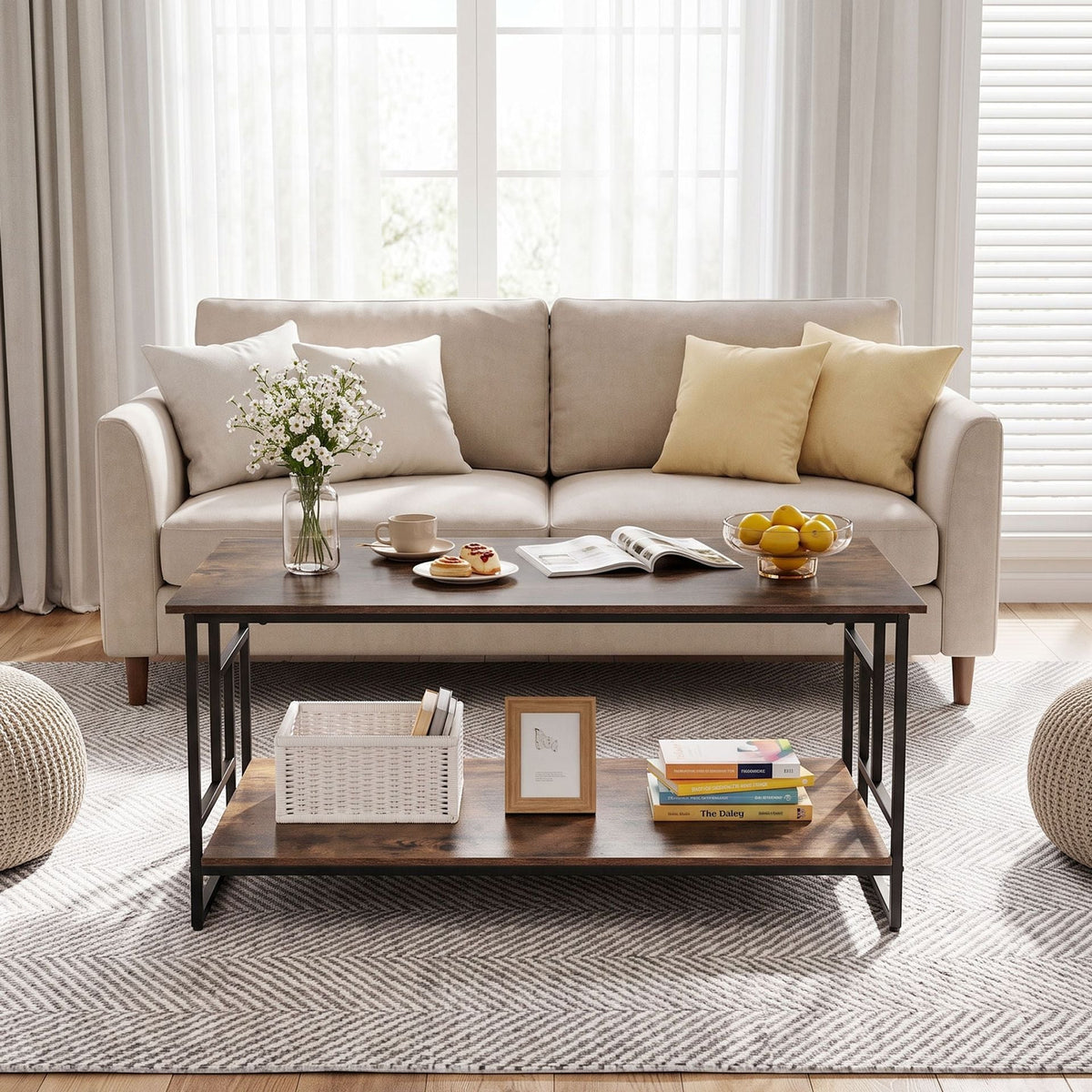 2-Tier Industrial Coffee Table with Storage Shelf and Metal Frame for Living Room-Rustic Brown