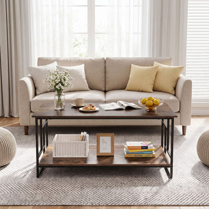 2-Tier Industrial Coffee Table with Storage Shelf and Metal Frame for Living Room-Rustic Brown