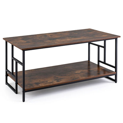 2-Tier Industrial Coffee Table with Storage Shelf and Metal Frame for Living Room-Rustic Brown