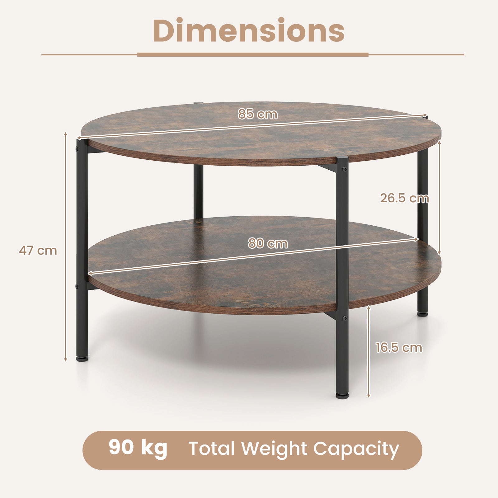 2-Tier Industrial Round Coffee Table with Open Storage Shelf-Rusitc Brown