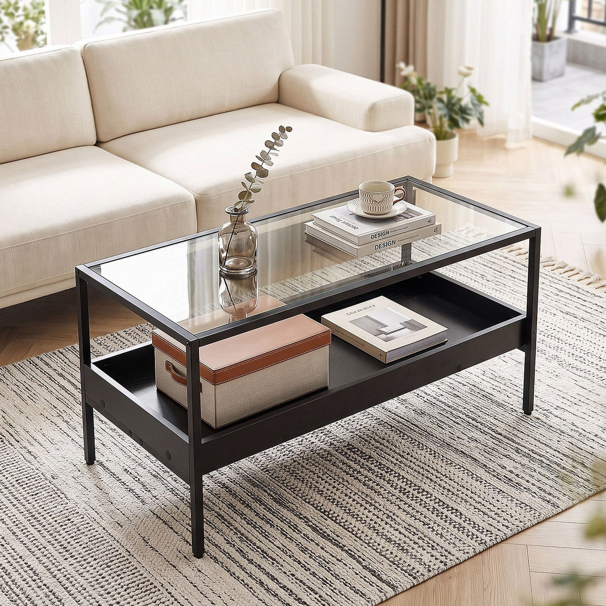 2-Tier Rectangular Glass Coffee Table with Storage Shelf for Living Room-Black