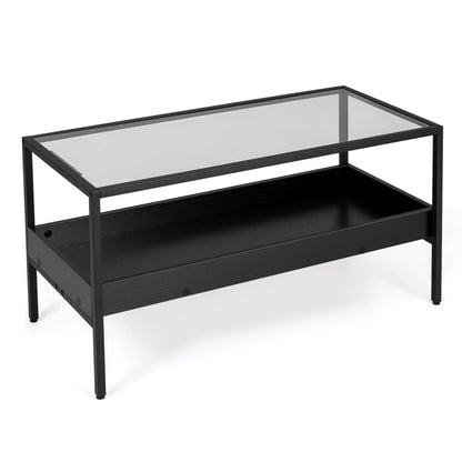 2-Tier Rectangular Glass Coffee Table with Storage Shelf for Living Room-Black
