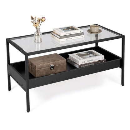 2-Tier Rectangular Glass Coffee Table with Storage Shelf for Living Room-Black
