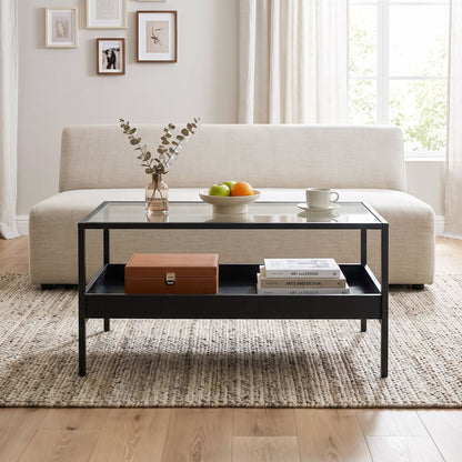 2-Tier Rectangular Glass Coffee Table with Storage Shelf for Living Room-Black