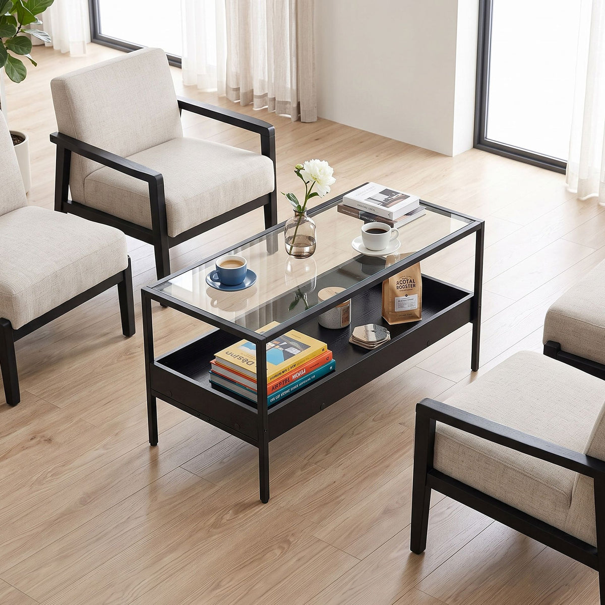 2-Tier Rectangular Glass Coffee Table with Storage Shelf for Living Room-Black