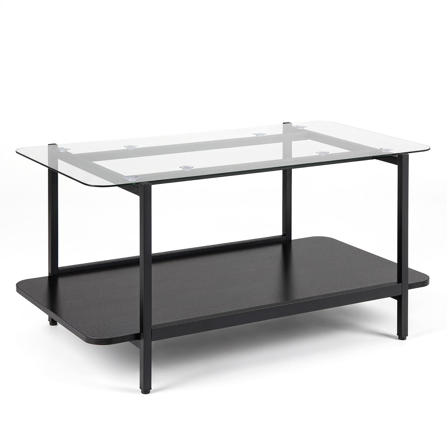 2-Tier Rectangular Tempered Glass Coffee Table with Storage Shelf-Black