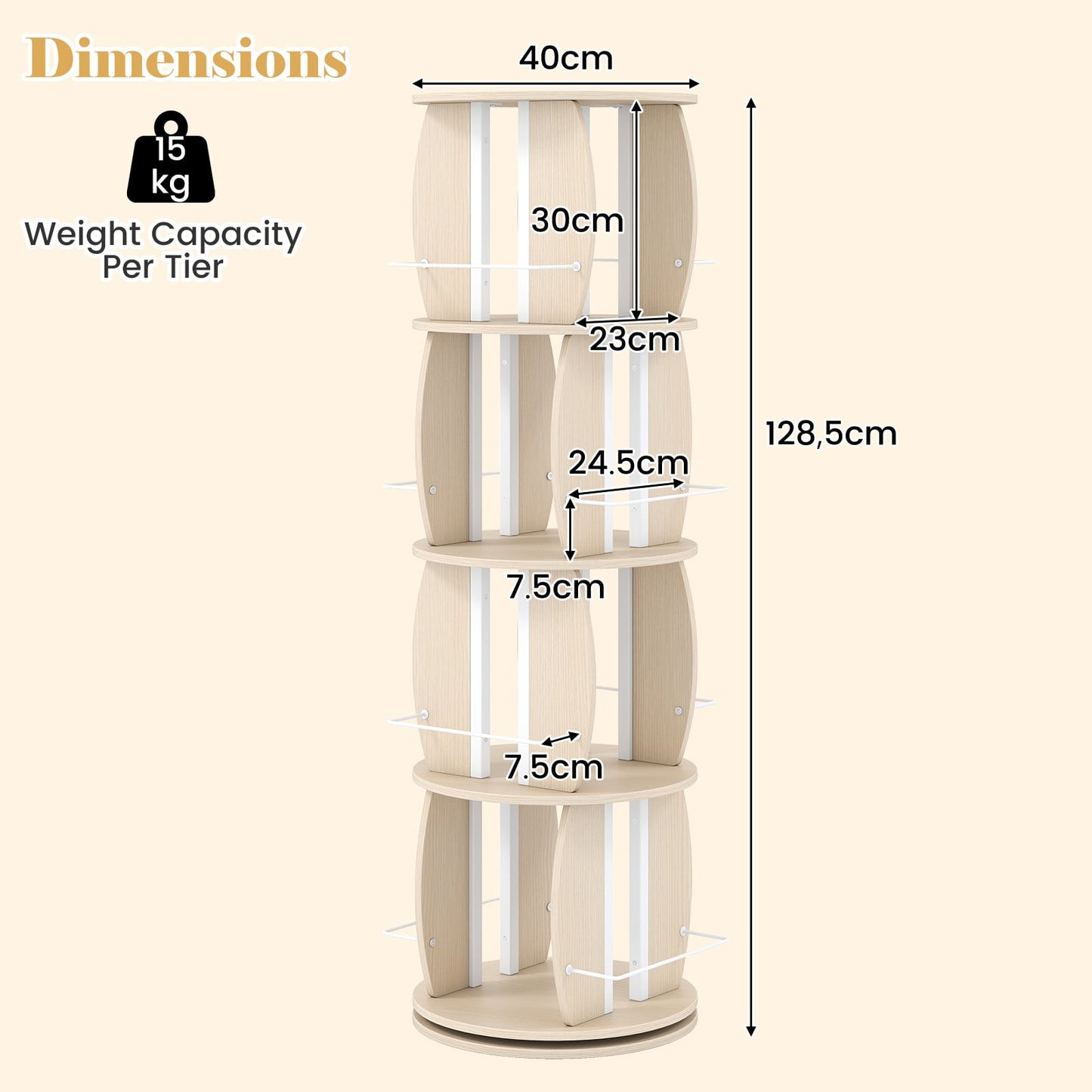 2-Tier Rotating Bookshelf Space-Saving with 4 Safety Guard Rails and Metal Storage Stand-Natural