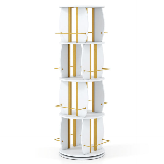 2-Tier Rotating Bookshelf Space-Saving with 4 Safety Guard Rails and Metal Storage Stand-White