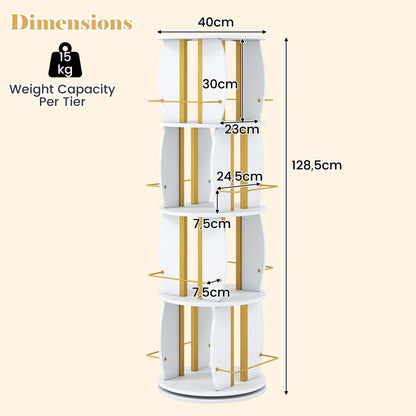 2-Tier Rotating Bookshelf Space-Saving with 4 Safety Guard Rails and Metal Storage Stand-White