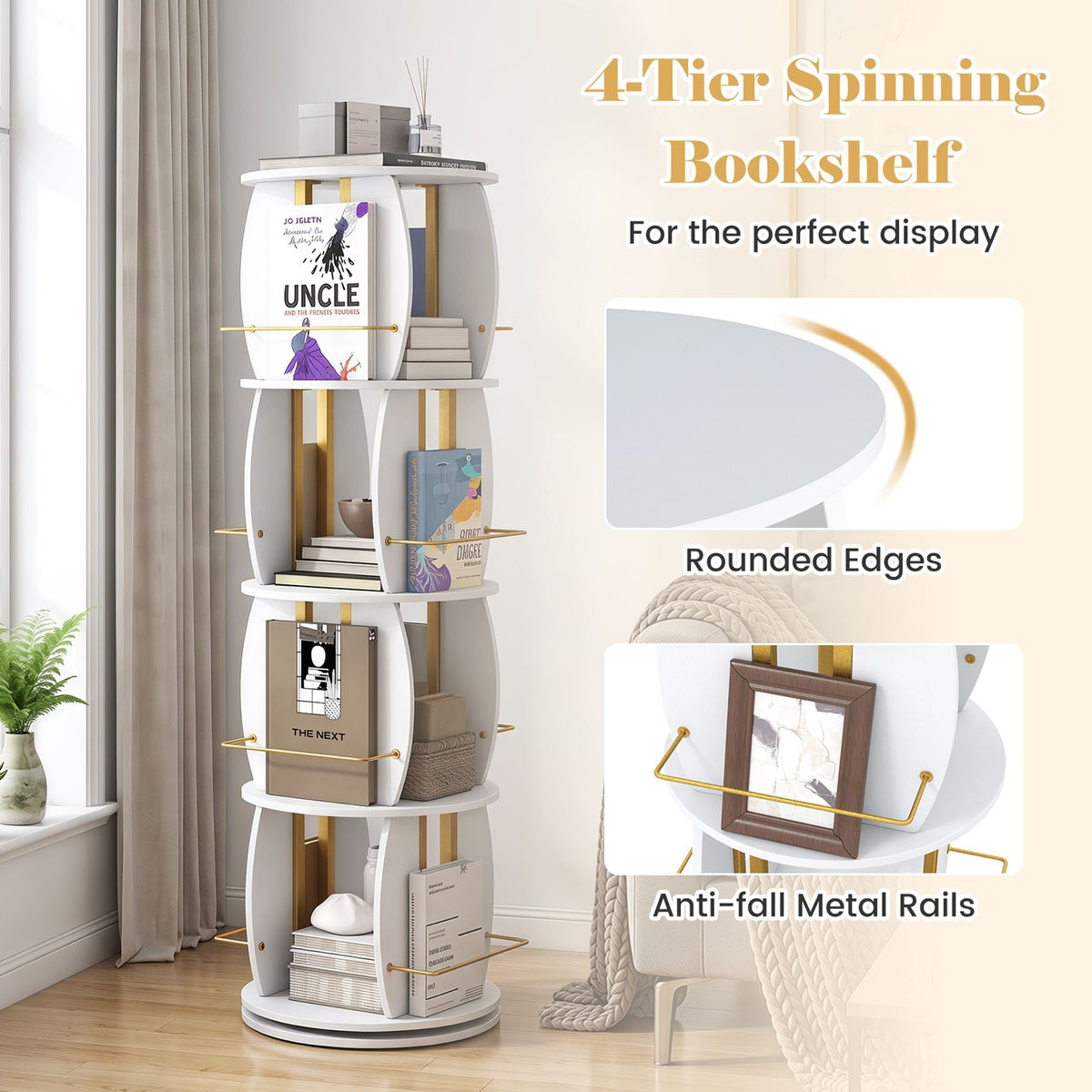 2-Tier Rotating Bookshelf Space-Saving with 4 Safety Guard Rails and Metal Storage Stand-White