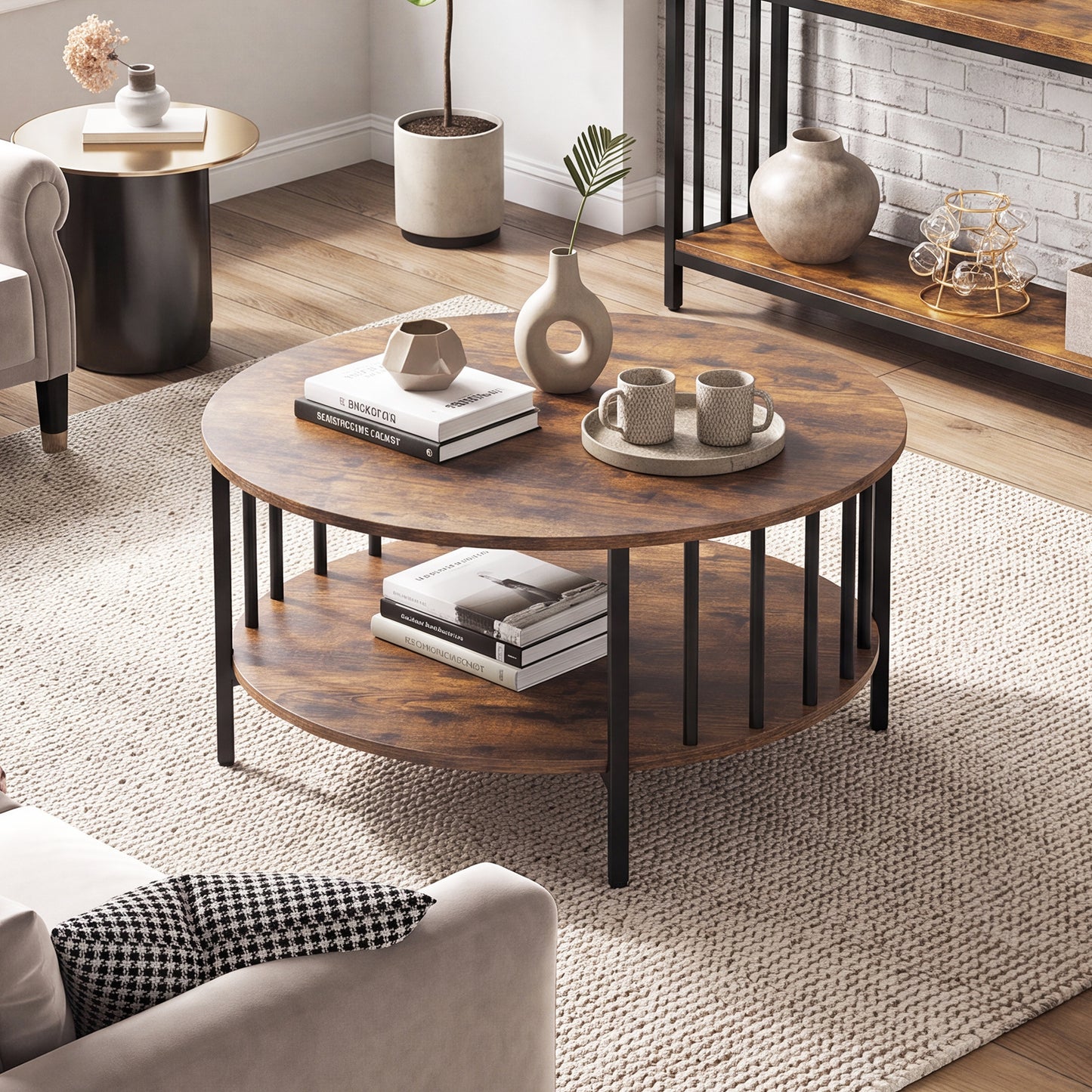 2-Tier Round Coffee Table with Open Shelf & Metal Frame for Living Room Small Spaces-Rustic Brown