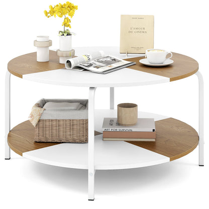2-Tier Round Coffee Table with Open Storage Shelf-White