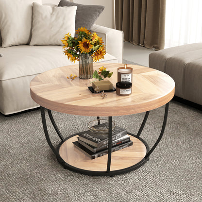 2-Tier Round Coffee Table with Storage Metal Frame Tea Cocktail Table-Natural Colour