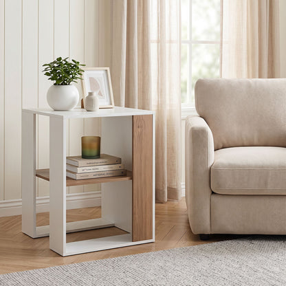 2-Tier Square End Table with Storage Shelf for Living Room Bedroom-Natural & White