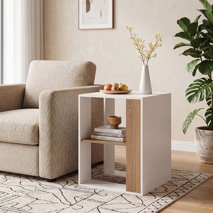 2-Tier Square End Table with Storage Shelf for Living Room Bedroom-Natural & White