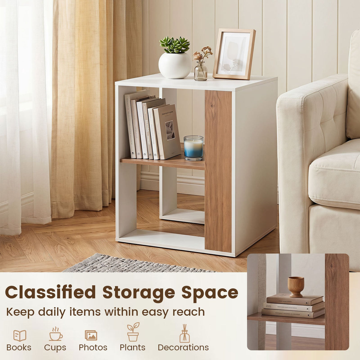 2-Tier Square End Table with Storage Shelf for Living Room Bedroom-Natural & White