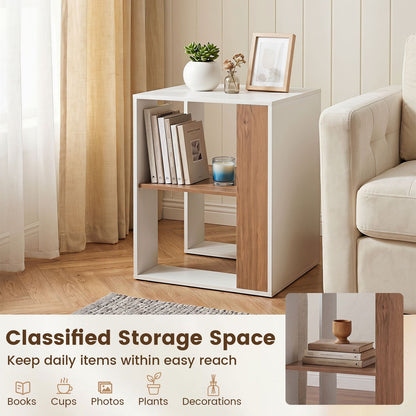 2-Tier Square End Table with Storage Shelf for Living Room Bedroom-Natural & White