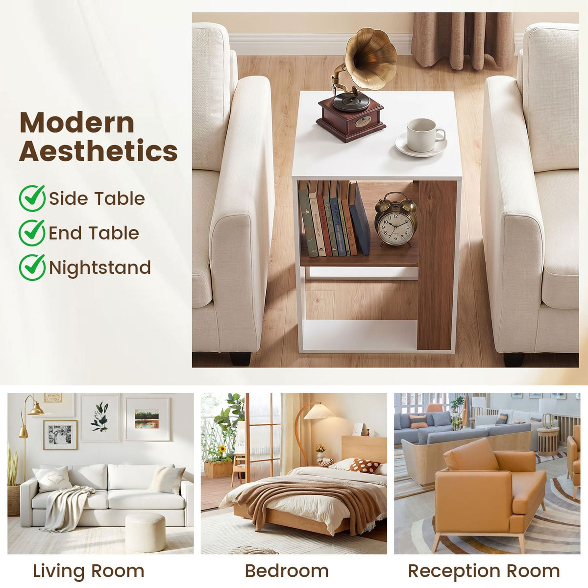 2-Tier Square End Table with Storage Shelf for Living Room Bedroom Set of 2