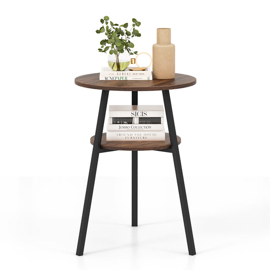 2-Tier Wooden Round Side Table with Storage Shelf-Brown