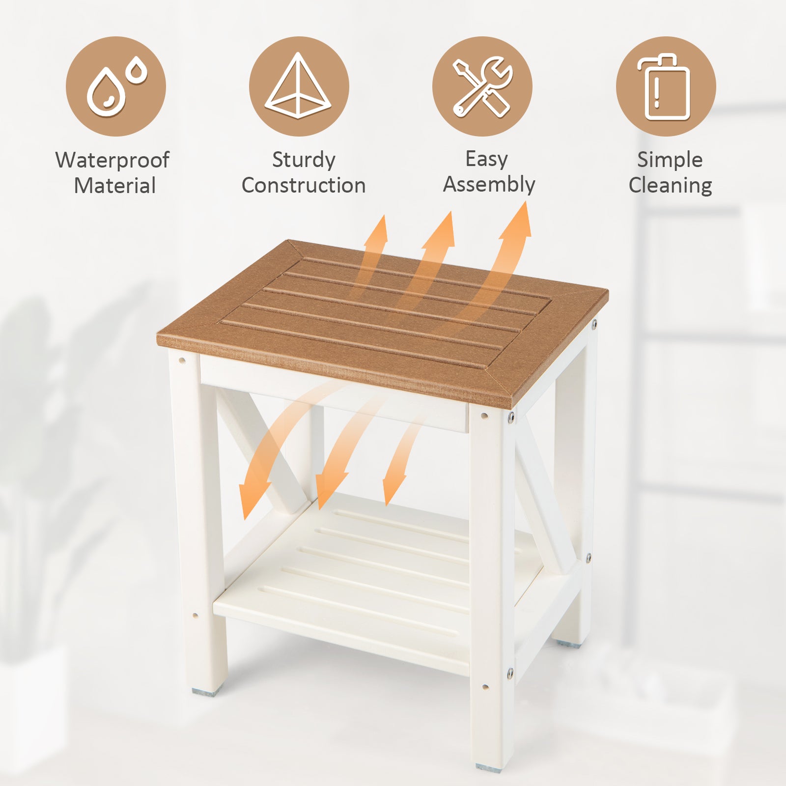 2-Tier Waterproof Shower Bench with Storage Shelf-Brown
