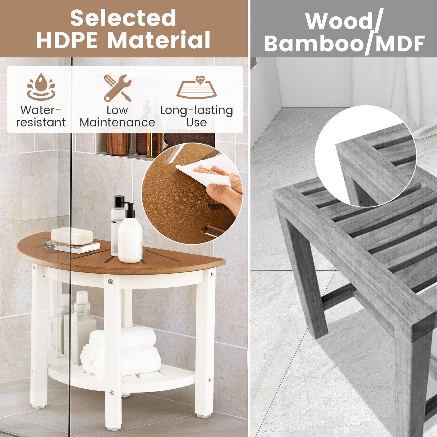 2-Tier HDPE Bath Spa Bench Seat with Storage Shelf and Non-slip Foot Pads-Brown