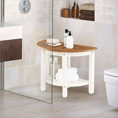 2-Tier HDPE Bath Spa Bench Seat with Storage Shelf and Non-slip Foot Pads-Brown