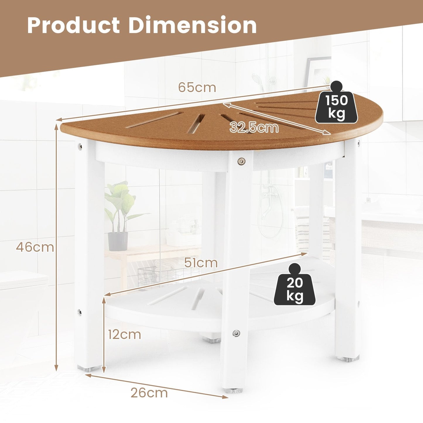 2-Tier HDPE Bath Spa Bench Seat with Storage Shelf and Non-slip Foot Pads-Brown