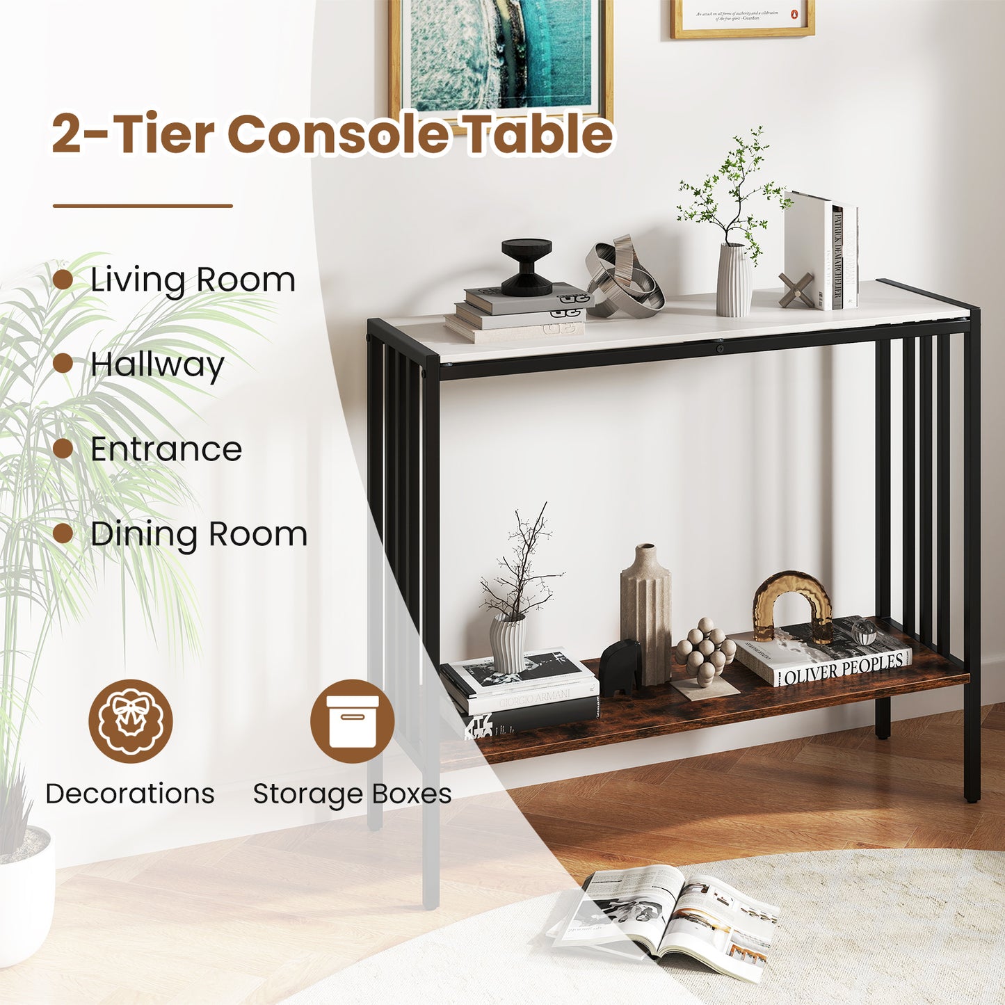 90 CM 2-Tier Industrial Console Foyer Table with Sintered Stone Tabletop