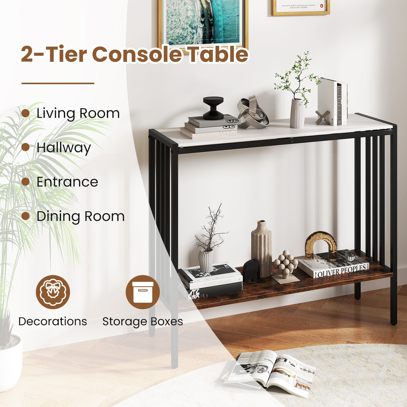 90 CM 2-Tier Industrial Console Foyer Table with Sintered Stone Tabletop