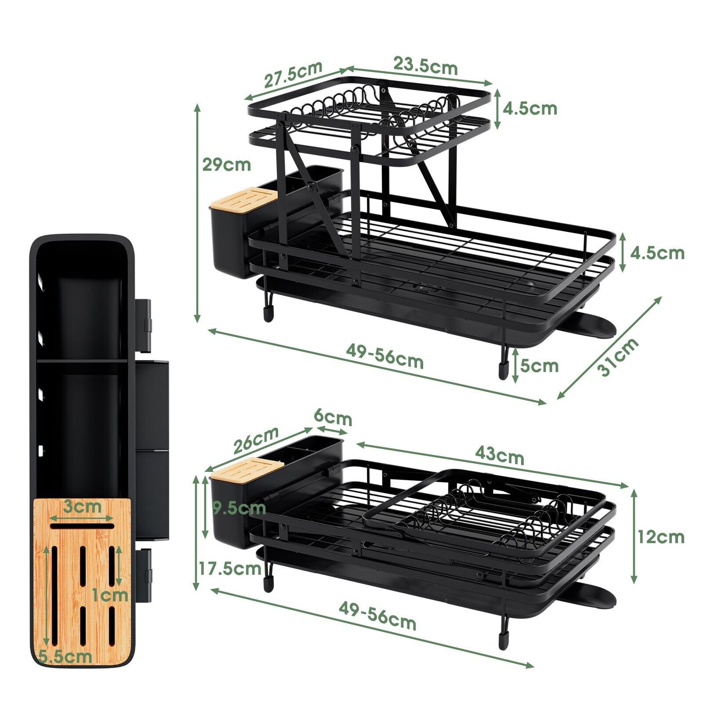 2-Tier Kitchen Dish Drying Rack with Utensil Holder-Black