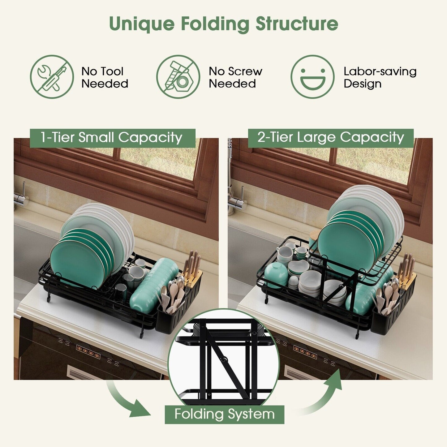 2-Tier Kitchen Dish Drying Rack with Utensil Holder-Black