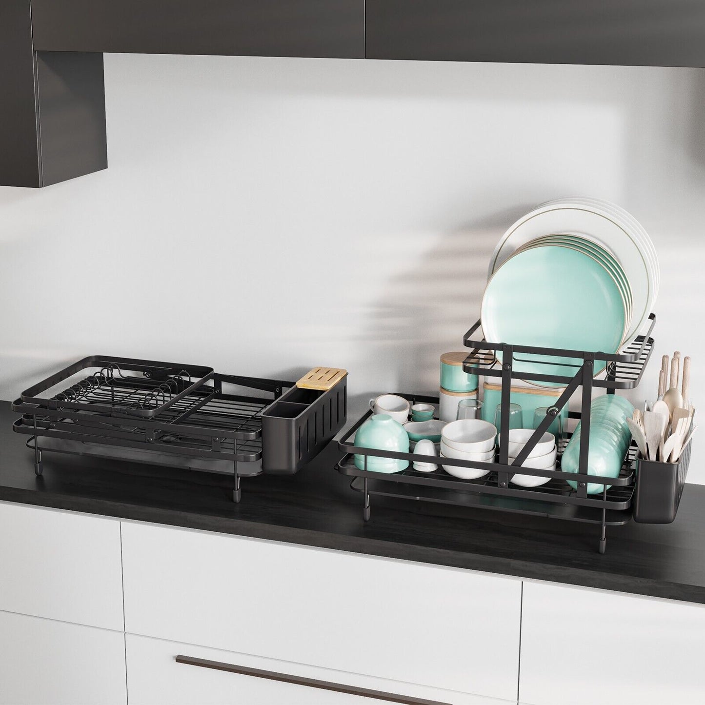 2-Tier Kitchen Dish Drying Rack with Utensil Holder-Black